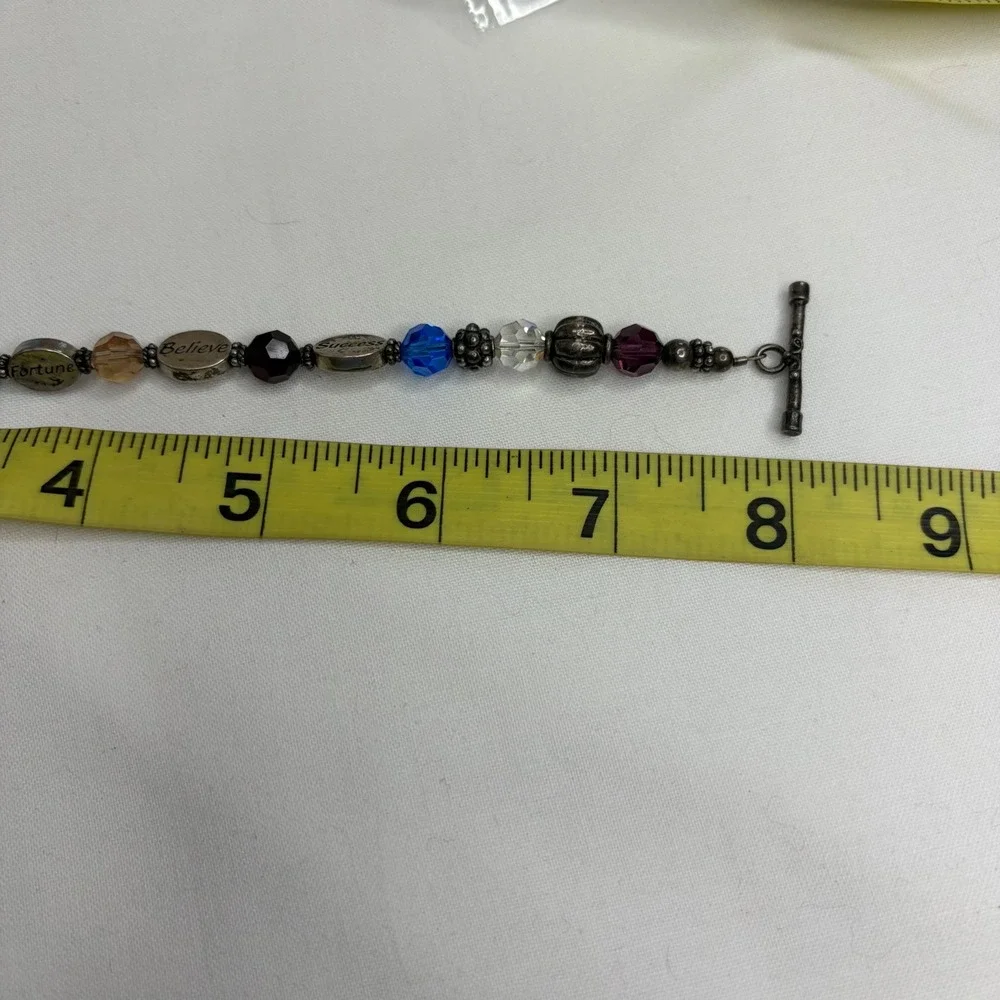 Vintage Sterling Silver Charm Bracelet Multicolor Beads Heart Toggle Boho